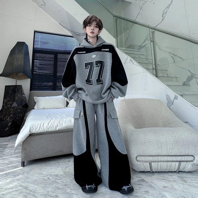 

Cleanfit American High Street Color Blo Hoodie Set Men's Trendy Sportswear Casual High Waist Wide Leg Pants