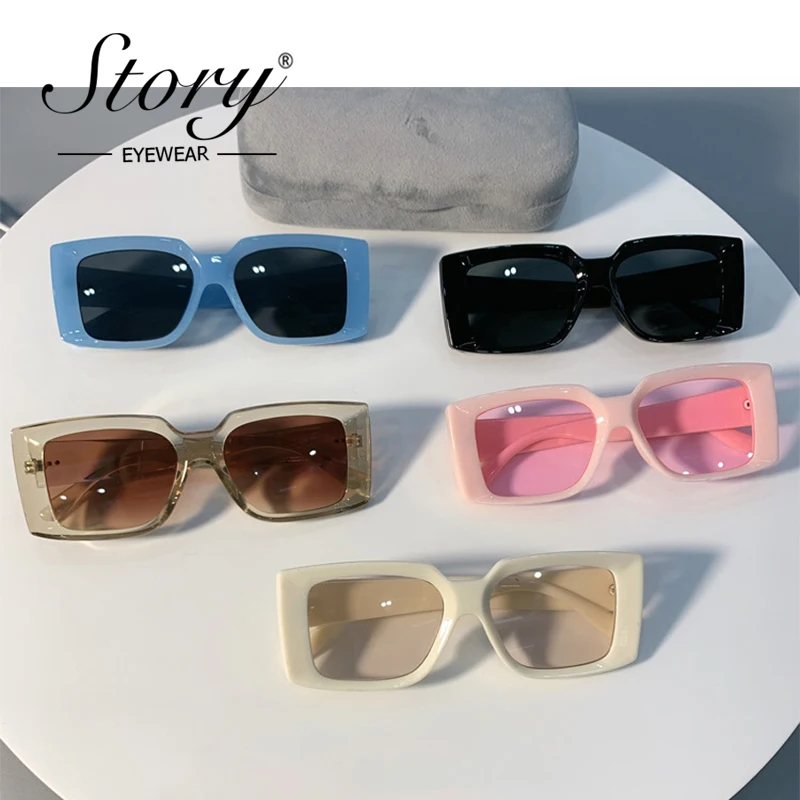 STORY Vintage Fashion Pink Rivet Square Sunglasses Women Men 2021 Brand Design Retro Trendy Jelly Blue Frame Shades Lady S2104D