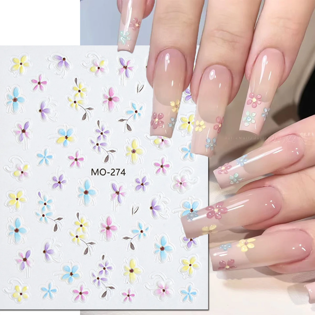5D Embossed Nail Art Decals Jelly Spring Ice Blue Purple Yellow Daisy Petals Flowers Nails Stickers Decorations For Manicure