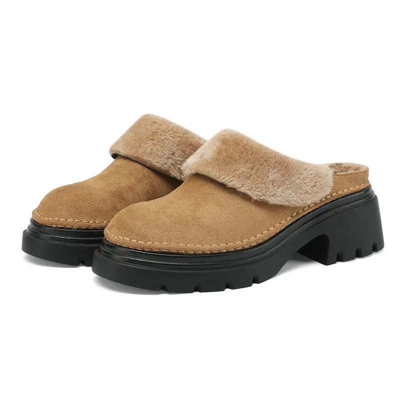 Soft Warm Faux Suede Fur Winter Women Slides Shoes Chunky Heels Slip-on Plush Lined Slippers Outside Pink Grey Mules Big Size 43