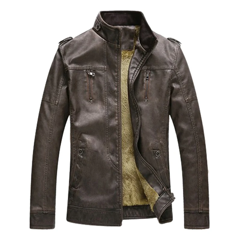 

Retro Motorcycle Leather Jacket Men Fleece Fall Winter Fashion PU Leather Thick Coat Male 2XL Cafe Color Mens Leather Jacket