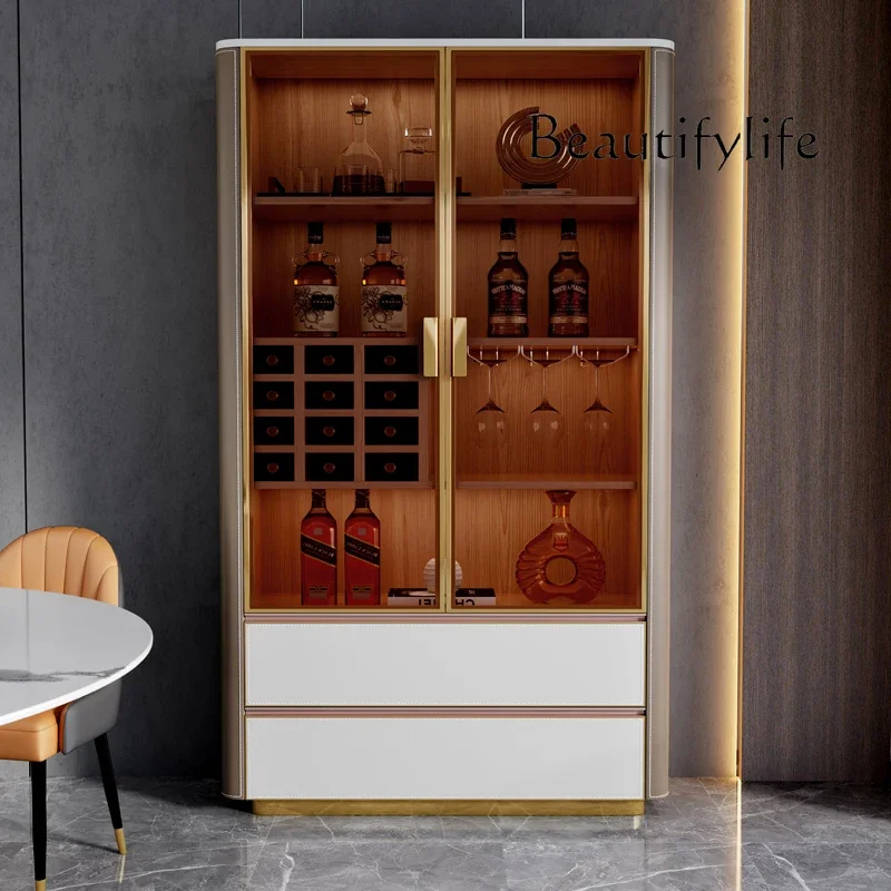 

FG28Light luxury saddle leather wine cabinet Modern simple living room Home solid wood wall glass door Red wine cabinet
