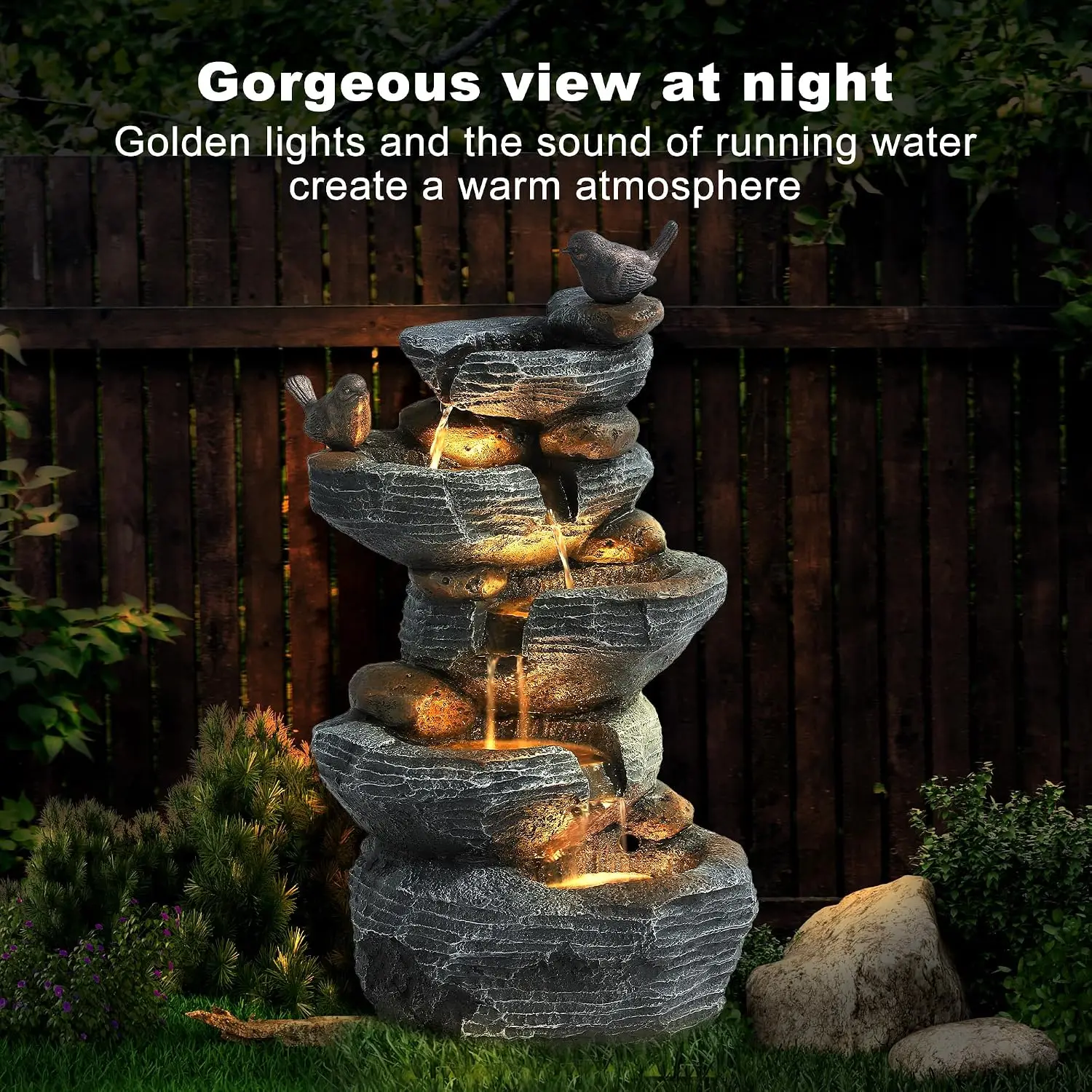 5 Tiers Garden Fountain Outdoor 264 Rock Waterfall Feature 4 LED Lights Modern Resin Fountain Freestanding Pump Dicky Bird Indoo
