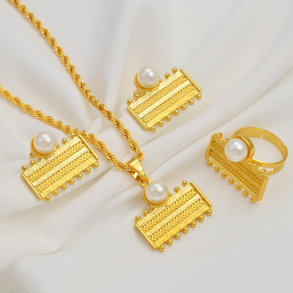 Ethiopian Eritrea Rectangle Jewelry Sets With Pearl Necklace Earrings Rings for Women Girls African Brides Accessories @340306