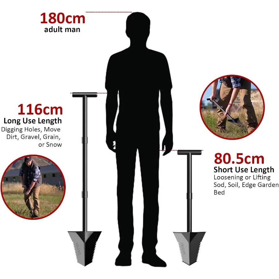 مجرفة بأسمائها الحقيقية شديدة التحمل مع مقبض على شكل حرف T وشفرة مسننة لحفر الحديقة وقطع الجذر وزراعة الخنادق للكشف عن المعادن