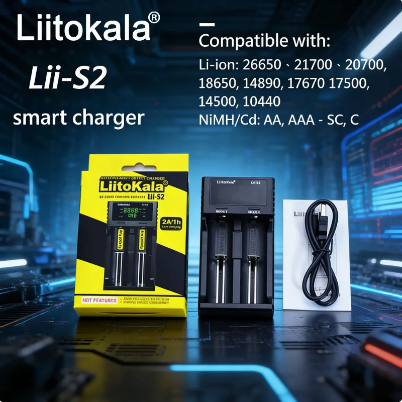 Liitokala Display Battery Charger S2 2-Slot LCD for AA AAA Ni-Hydrogen Lithium And 18650 Non-Polarized Batteries