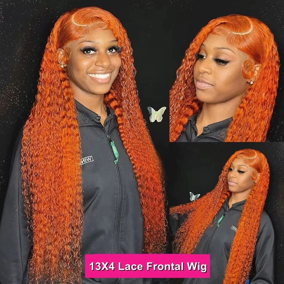 Perruque Lace Frontal Wig naturelle, cheveux humains, couleur Orange, vague d'eau, 13x6 Hd, pre-plucked, Deep Wave, 30 pouces, gingembre