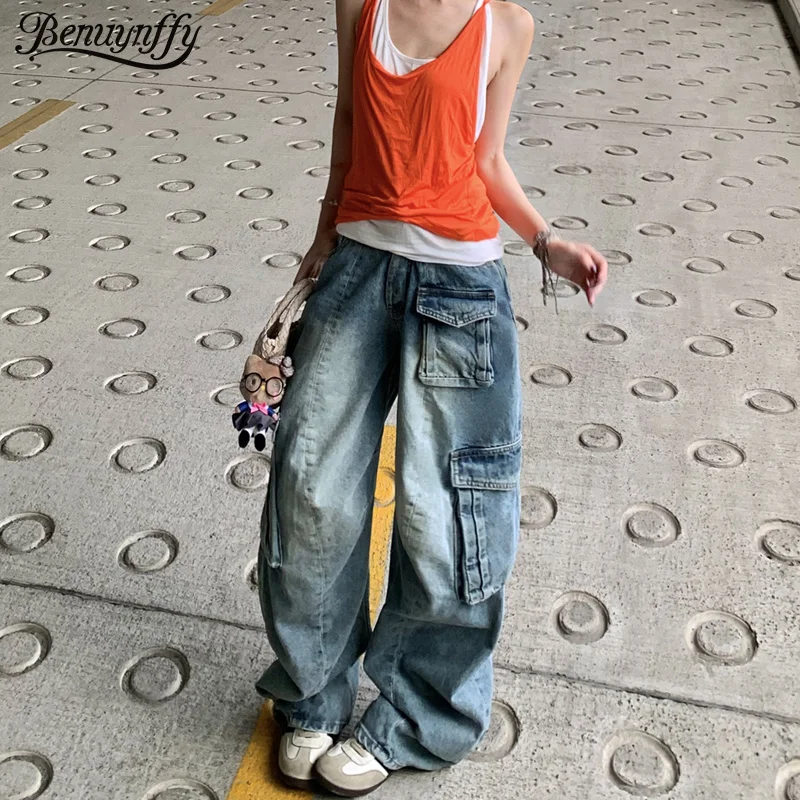 

Benuynffy, потертые джинсовые брюки-карго в американском стиле ретро с несколькими карманами, женская уличная одежда Y2K, модные свободные широкие джинсы, новинка 2023 года