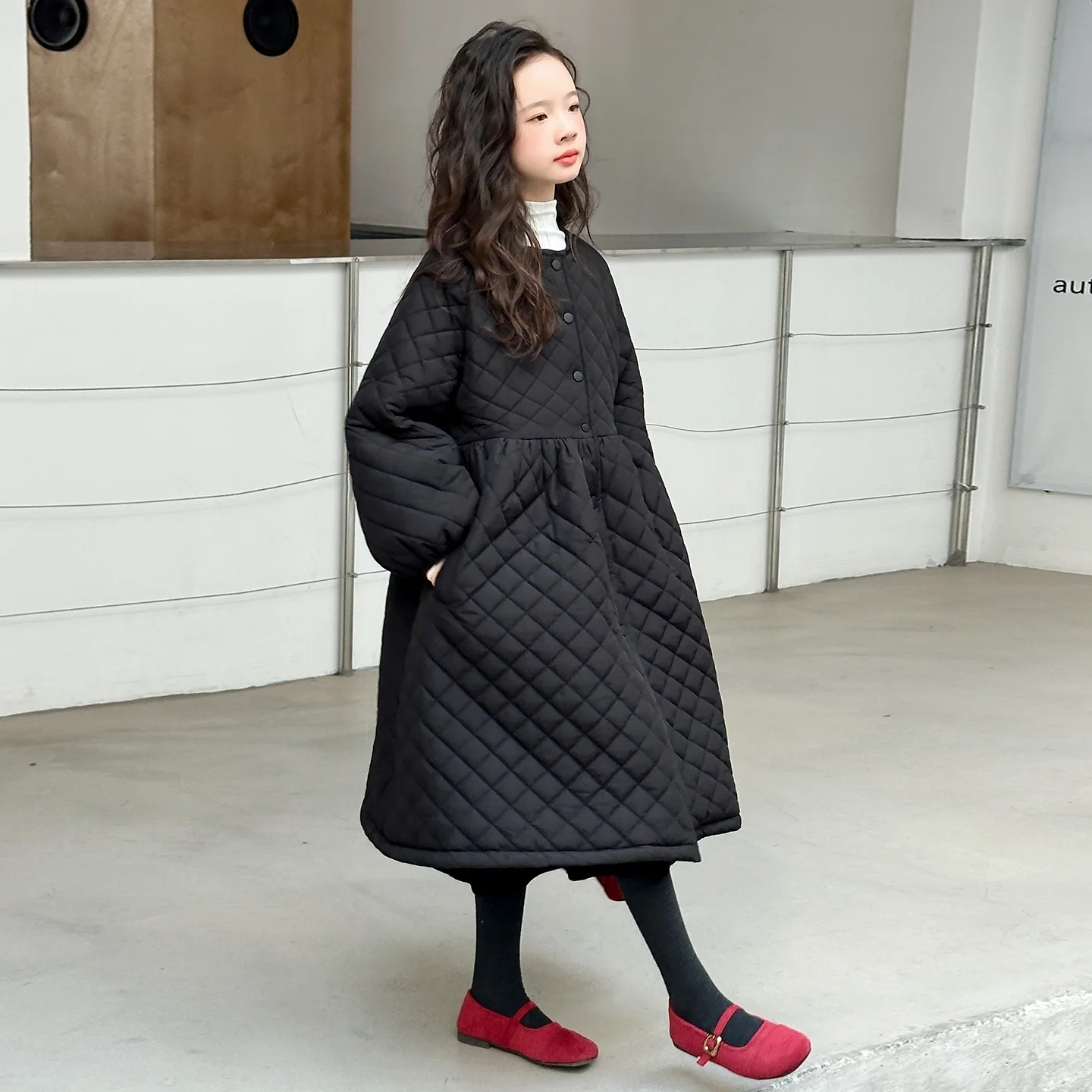 فستان قطني فضفاض وخفيف الوزن بتصميم كلاسيكي متوسط الطول، جاكيت قطني دافئ للفتيات مع مشبك قطني #3