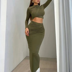 OMSJ Round Neck Irregular Cross Pleated Long-sleeved Crop Tops+Tight Wrap Mid-length Skirts Sexy Casual Two-piece Street Outftis