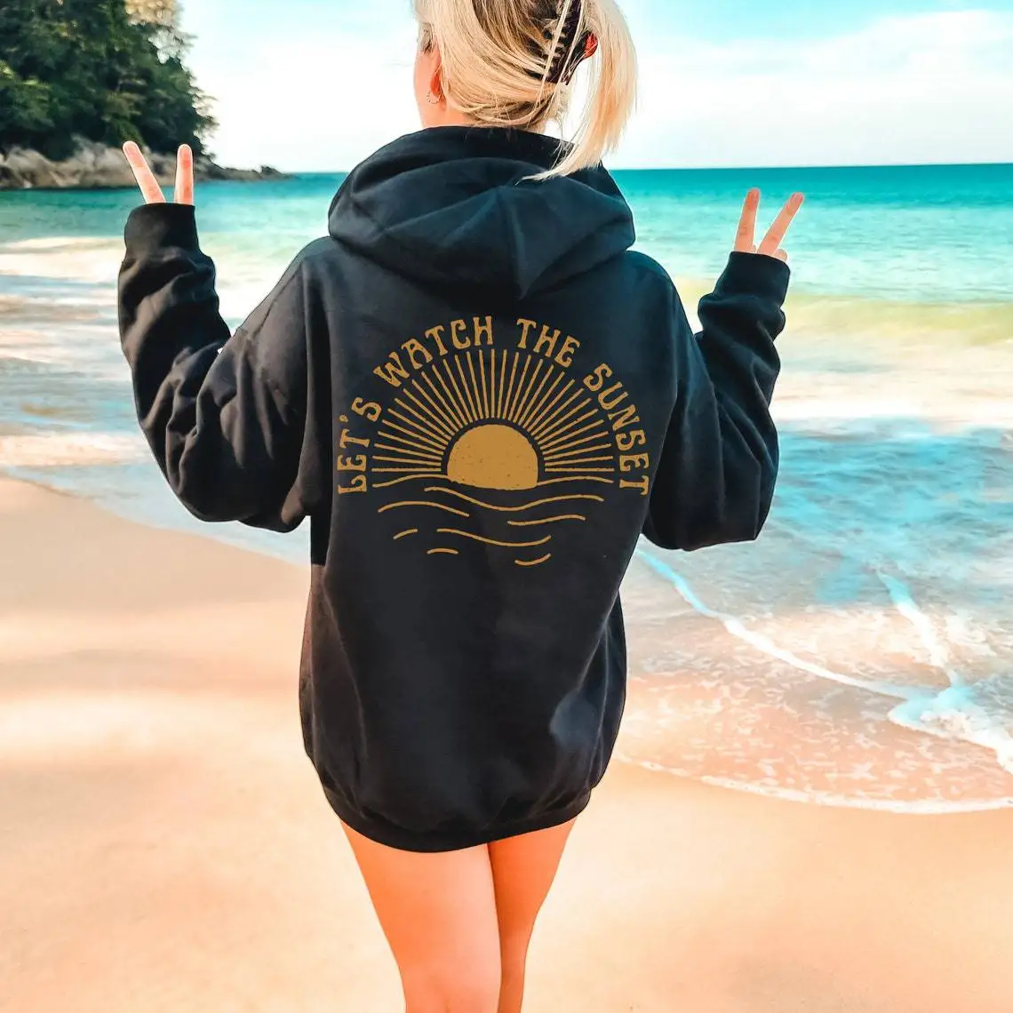 LET S WATCH THE SUNSET Women\'s Velvet Hoodie Solid Color English Letter Slogan Printed Kangaroo Pocket Drawstring Printed Hoodie