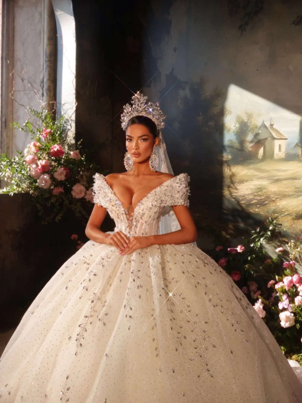 Silver Crystal Gorgeous Wedding Dress Dreamy Deep Vneck Off Shoulder Bridal Gown 2026 New Customized Elegant Dresses For Bride