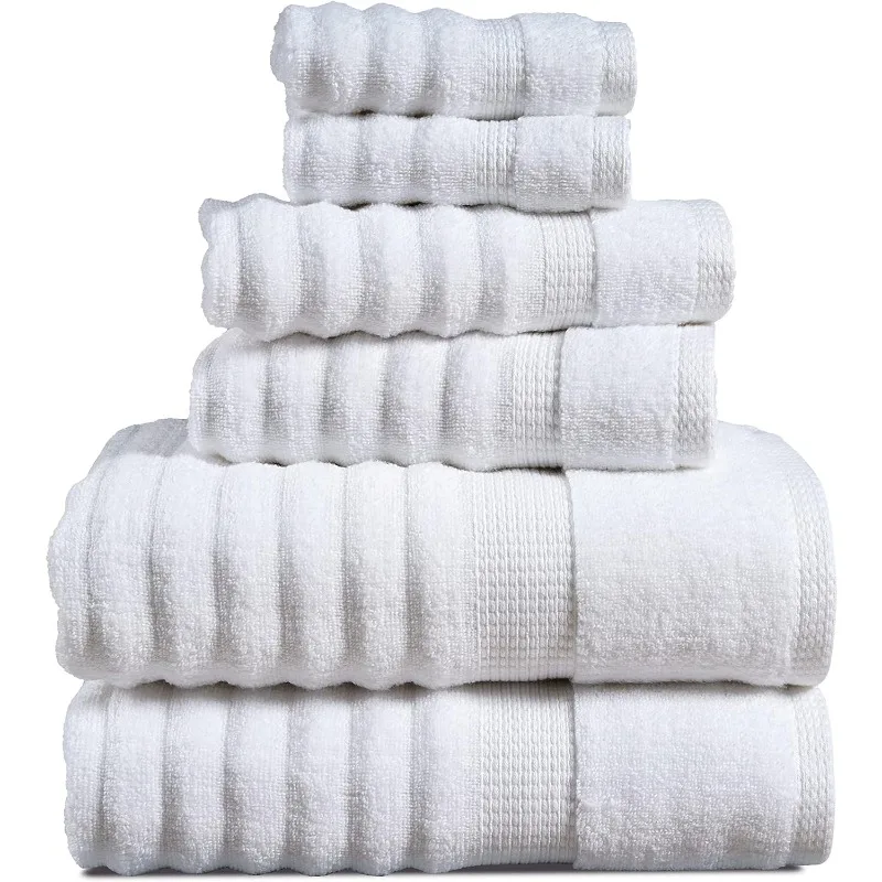 Ribbed Cotton Bath Towels - Soft, Absorbent Towel Set for Bathroom - 6 Piece Set With 2 Bath, 2 Hand & 2 Washcloths