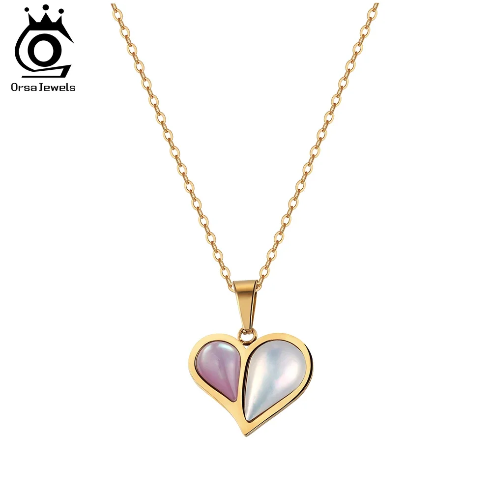 ORSA JEWELS Stainless Steel Shell Heart Necklace For Women Charm Collar 18K Plated Waterproof Jewelry Accessories Gift STMN10