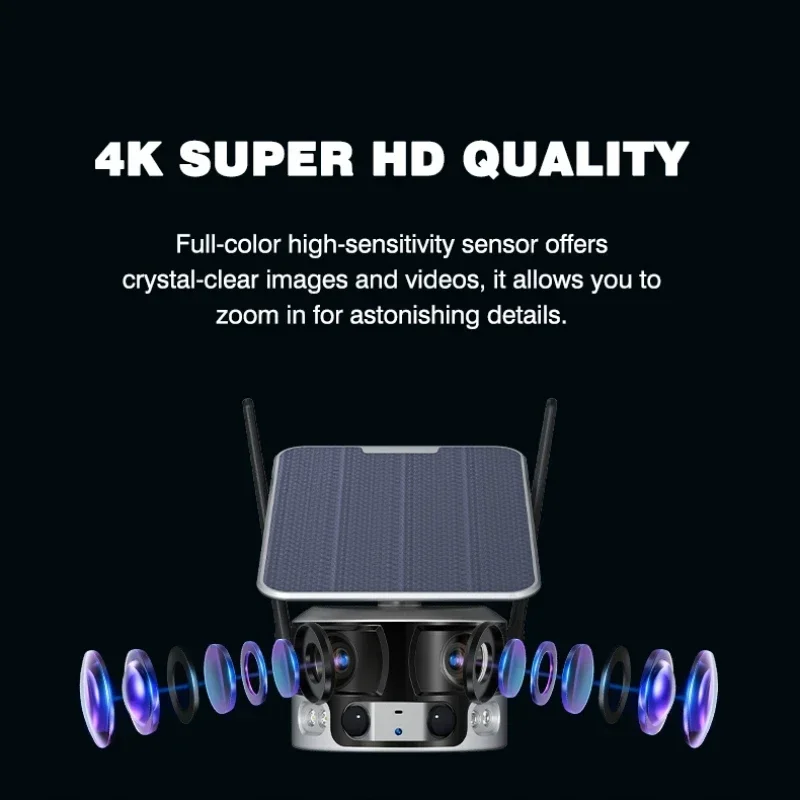 Dual Lens Ultra Wide Angle Full Color 4K Solar Panel Power Outdoor Lte 4g Sim Card Surveillance Security CCTV Solar Camera