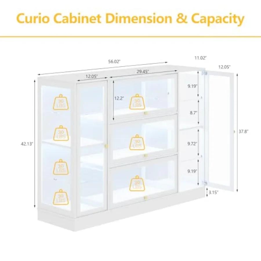 Display cabinet for collectibles and toys, acrylic glass doors, extra wide curio cabinet with LED lighting, clear color, sleek