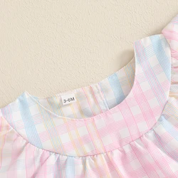 Adorable Toddler Girls Sleeveless Romper with Round Neckline and Colorful Rainbow Plaid Design for a Stylish Summer Look