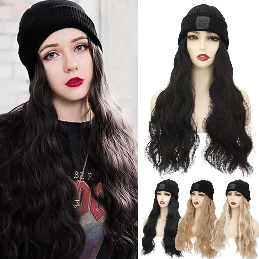 

S-noilite Synthetic Black Hat Wig Beanies Hat With Wigs Straight Wavy Hair Warm Plush Knitted Autumn Winter Cap Hair Long 11/18“