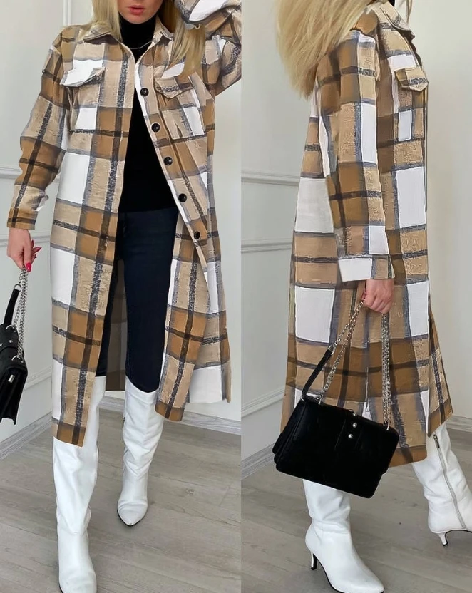 

2023 Autumn Winter Spring New Fashion Casual Elegant Plaid Print Buttoned Longline Shacket Coat Female Clothing Outfits