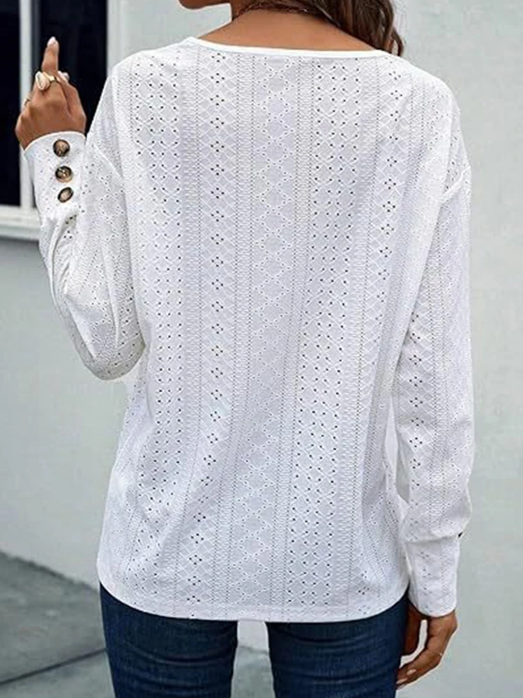 2024 Women Long Sleeve Hollow Out Shirts Cool V-neck Lace Ladies Pullovers Female Loose-fitting Solid Color Elegant Jumpers