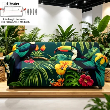 Toucan Rainforest Sofa Cover, Forest Stream Slipcover, Macaron Leaf Dust Cover, Light Blue Non-Slip Sofa Cover.