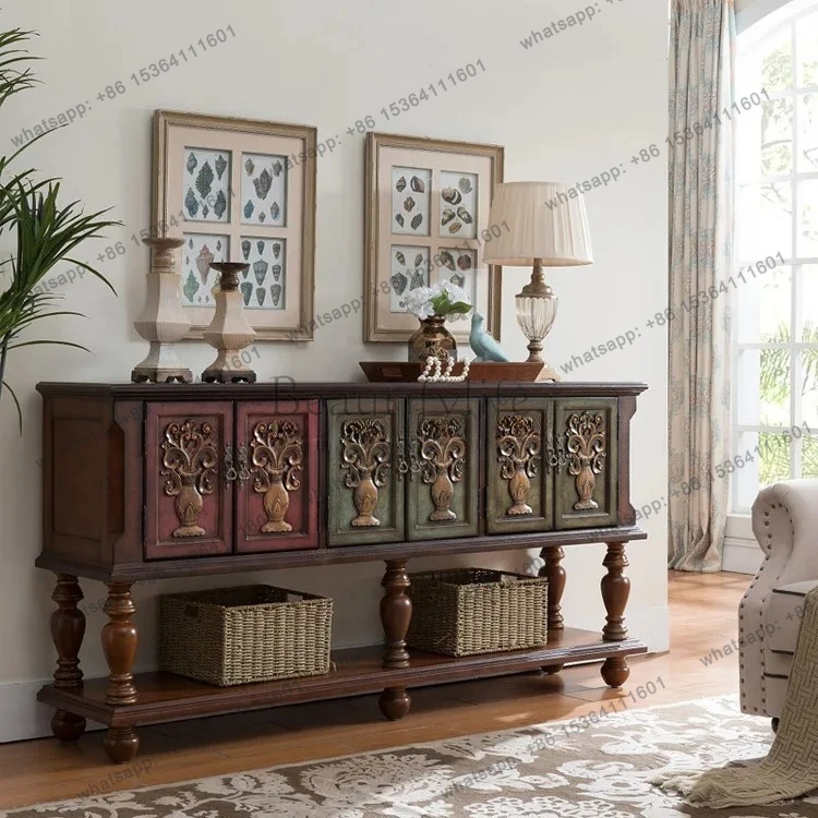 

European Style Entrance Cabinet Carved Creative Six-Door Storage Cabinet Vintage Solid Wood Sideboard
