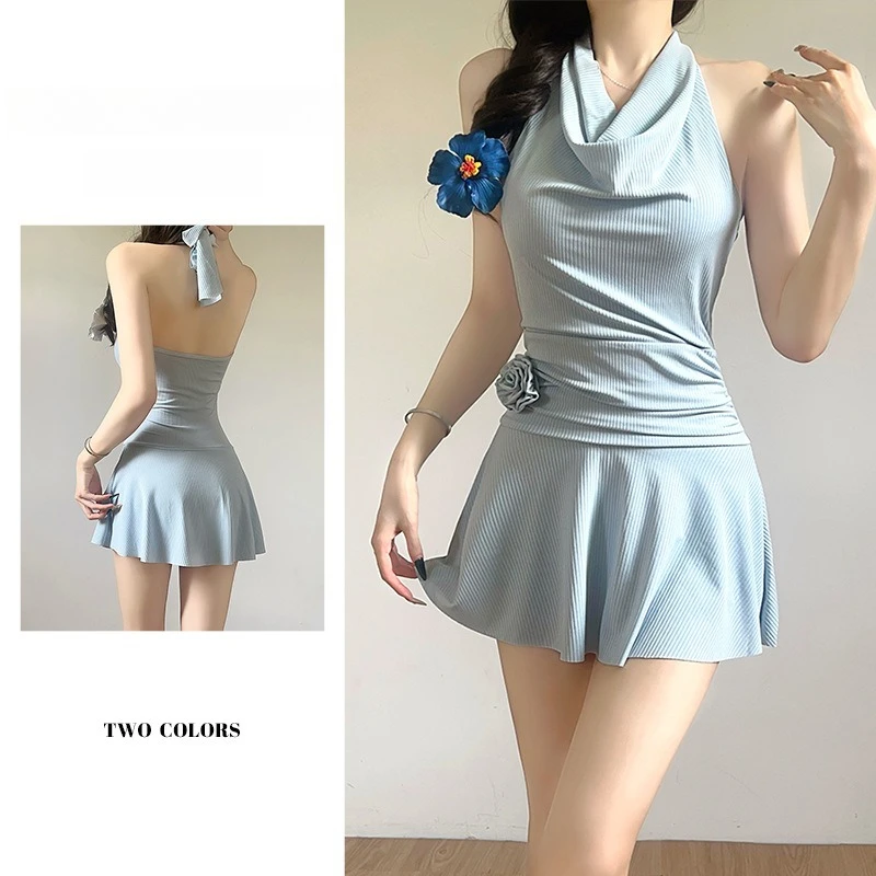 

New One-piece Skirt Swimsuit Sweet Solid Color Small Fresh Temperament Gentle Design Sense Niche Seaside Photo Beach Swimwear