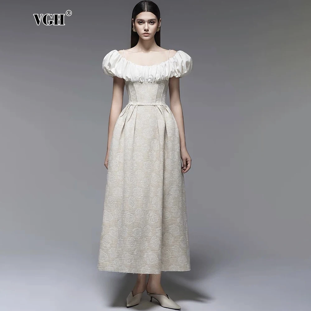 

VGH Rose Printing Off Shoulder Elegant Dresses For Women Slash Neck Short Sleeve High Waist Temperament Long Dress Female New