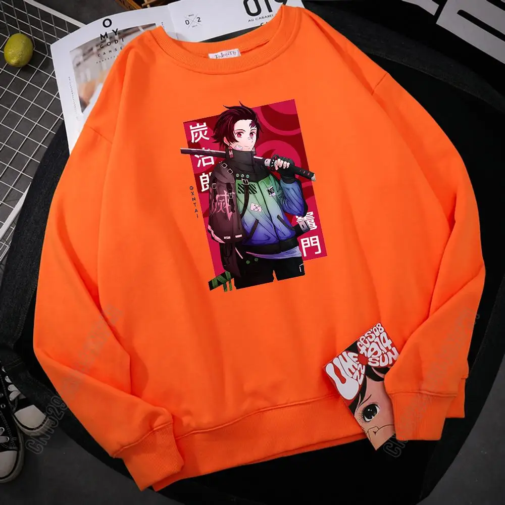 Japan Anime Demon Slayer Prints Man Vintage Loose Pullover Cartoons O-Neck Harajuku High Quality Menswears New