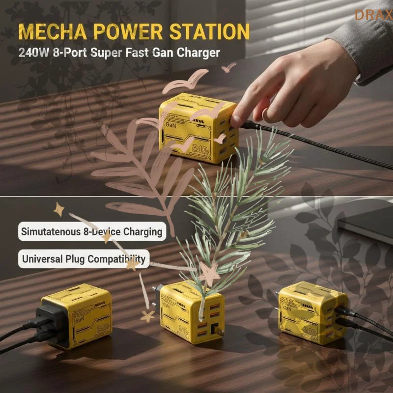 8‑in‑1 GaN 240W PD Desktop Charger 4PD 4USB Multi‑Port Power Adapter For Notebook EU US UK Plug