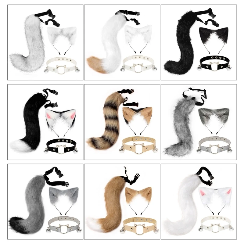 50JB  for Cat Ears Hair Hoop  Leather Collar Animal Tail Set Cosplay Costum