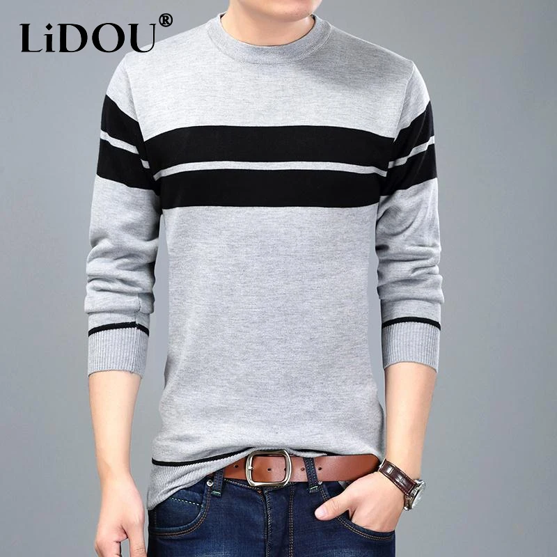 

Spring Autumn New Striped Fashion Long Sleeve Sweater Man High Street Loose Pullovers Thin Style All-match Y2K Comfortable Tops