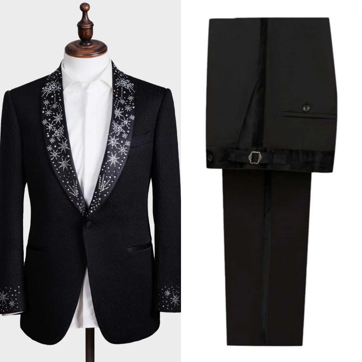 

Luxury Crystals Men Wedding Tuxedos Shawl Lapel One Button Pant Sets Jacquard Classic Fit Business Occasion Customized 2 Pieces
