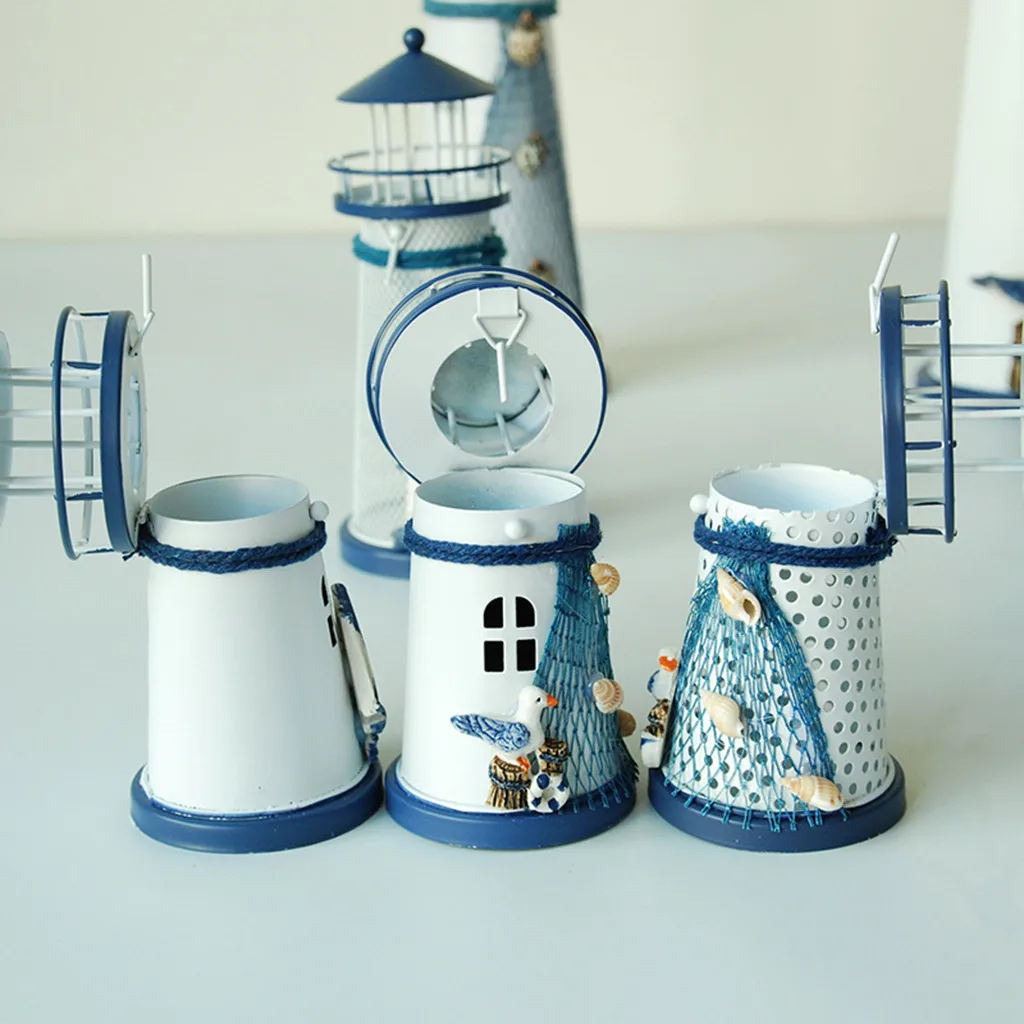 Mediterranean Lighthouse Iron Candlestick Blue White Home Table Decor Nordic Romantic Modern Home Wedding Xmas Candle Holder