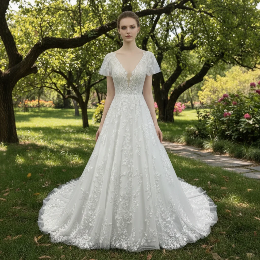 Rosymae A-Line Bridal Gown Lace Short Sleeve Deep V-Neck Wedding Dress Elegant Silhouette for Brides robe de mariées
