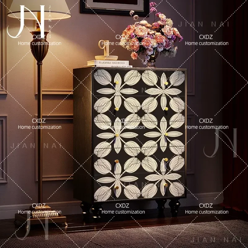 French Chinese style solid wood five-bucket six-bucket cabinet floral geometric drawing living room entrance against the wall