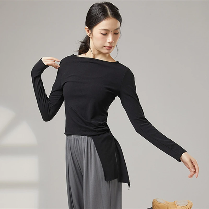 女性モダンダンス練習服トップ長袖シャツ裾包帯エレガントスリム大人のパフォーマンスラテン競技ダンスウェア