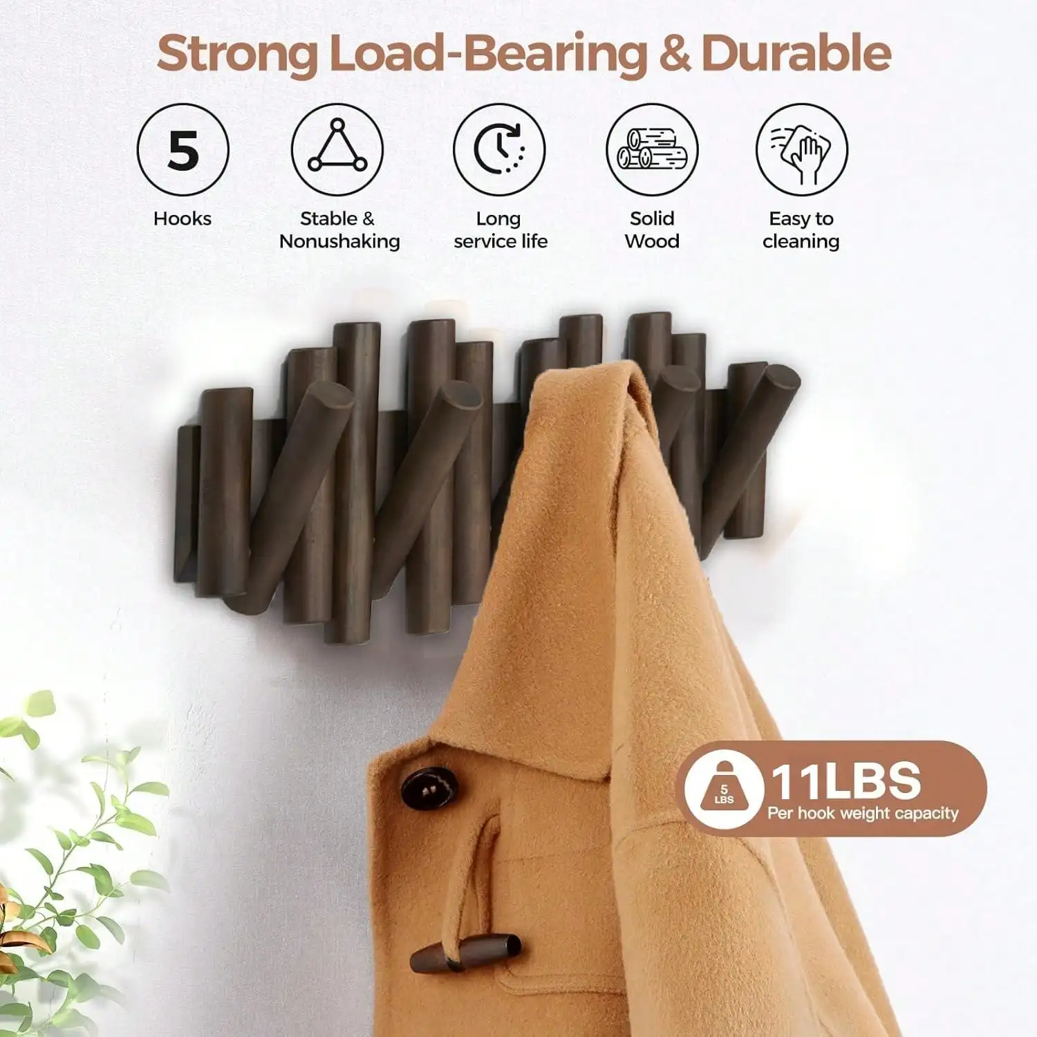 

5 Hooks, Wall-Mounted Rail Modern, Unique Doubles as Art, Space-Saving Coat Hanger, Beveled Pine Wood No Punching