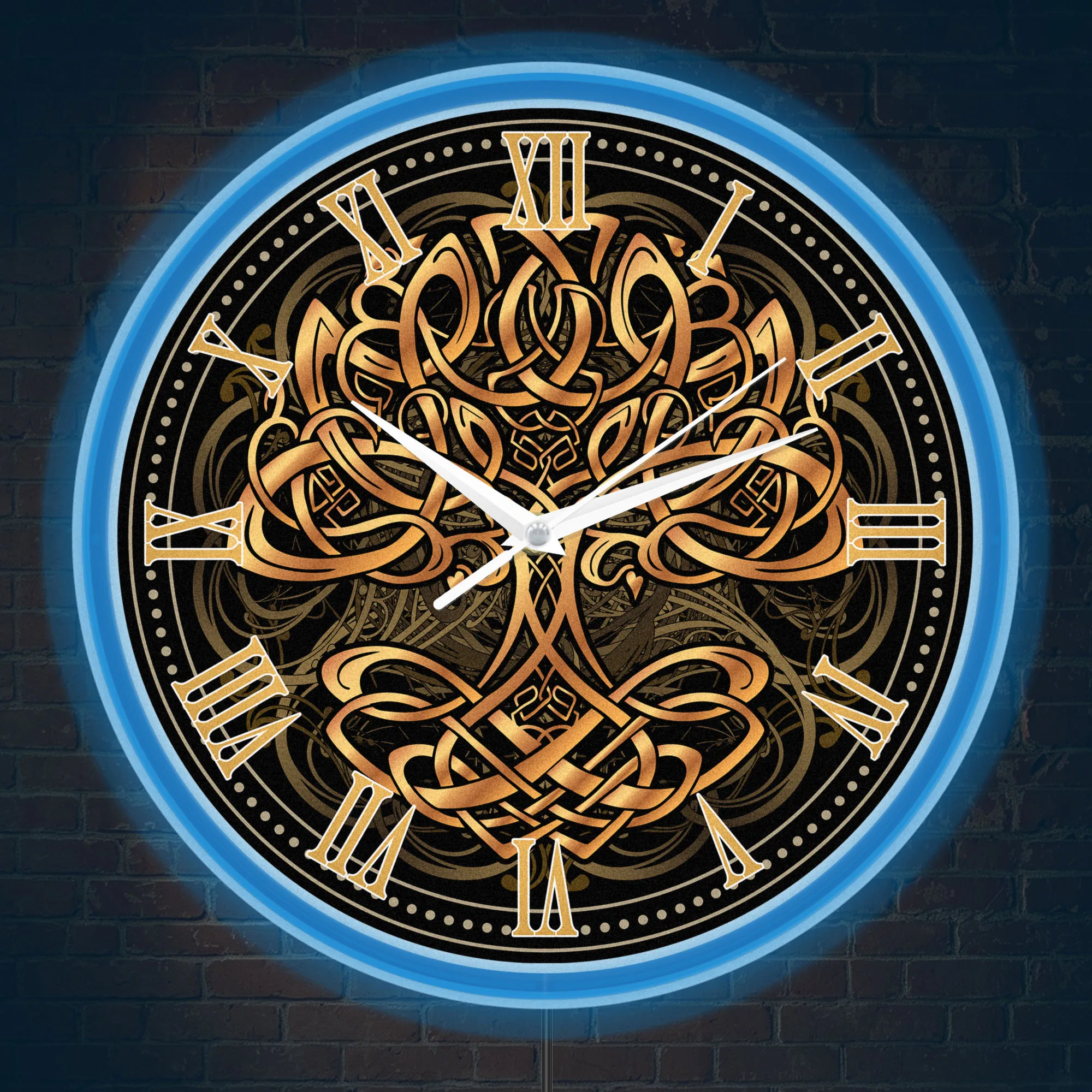 Golden Celtic Knot Tree Of Life LED Neon Rim Light Wall Clock Vintage Norse Mythology Illuminated Wall Clock for Mediation Space
