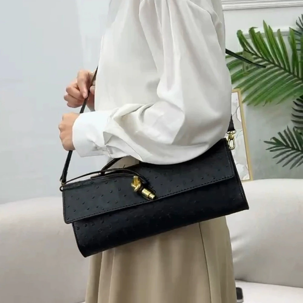 New Adult Handmade Ostrich Patterned Dinner Bag French Style Stick Bag Versatile Horizontal Handbag Women's Shoulder Bag