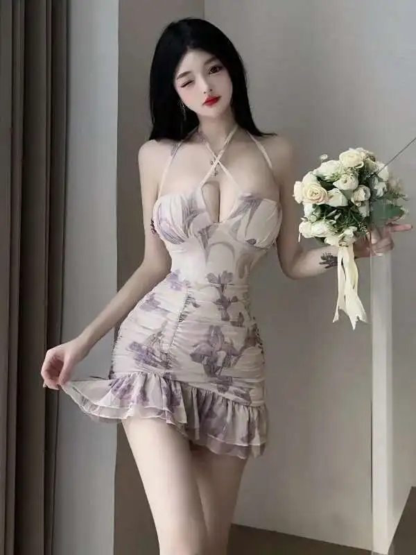 WOMENGAGA Mini Tank Kleid V-ausschnitt Sexy Spicy Girl Strap Hängenden Hals Blume Rüschen Kleid Vintage Elegante Kleider Koreanischen Stil FXQ4
