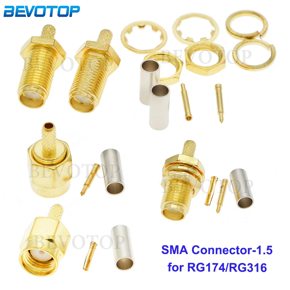 10Pcs/Lot SMA-1.5 Male/Female Straight Connector Crimp 50Ohm RF Connector Gold Plated for RG174 RG316 LMR100 RF Coaxial Cable