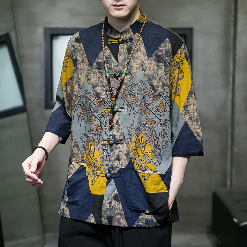

Chinese Style Men's Cotton Linen Shirt Summer Short Sleeve Outerwear Floral Print Loose Fit Casual Fashion Youth Trend