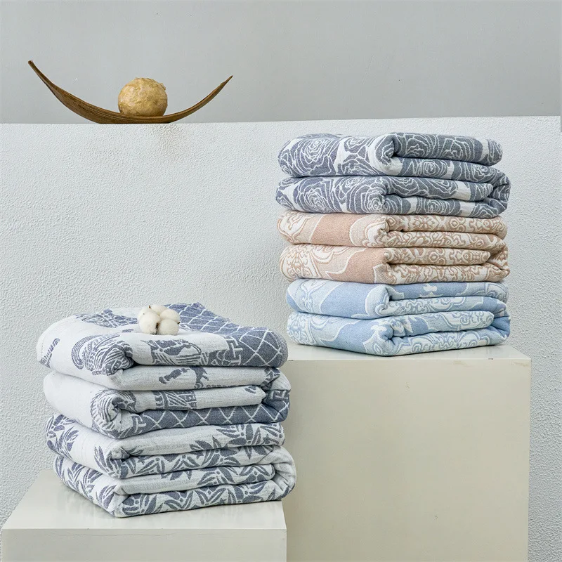 100% Cotton 3-Layer Gauze Yarn-Dyed Jacquard Throw Blanket Class A Breathable Ultra Soft Lightweight for Sofa, Couch & Bed