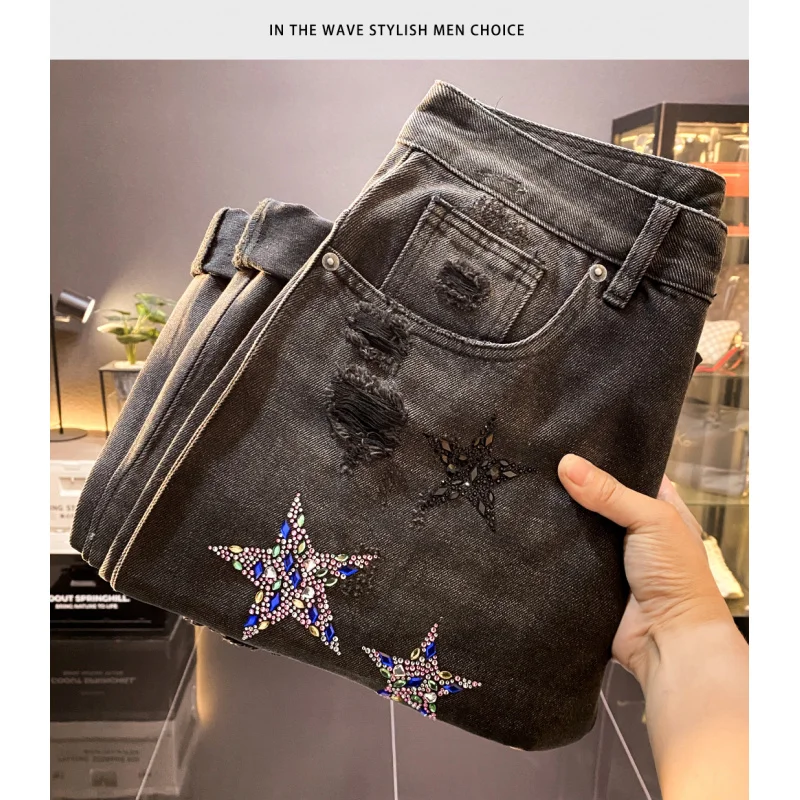 

Small niche design, loose straight black ripped jeans men, autumn fashion, patch print trend, wide leg long pants