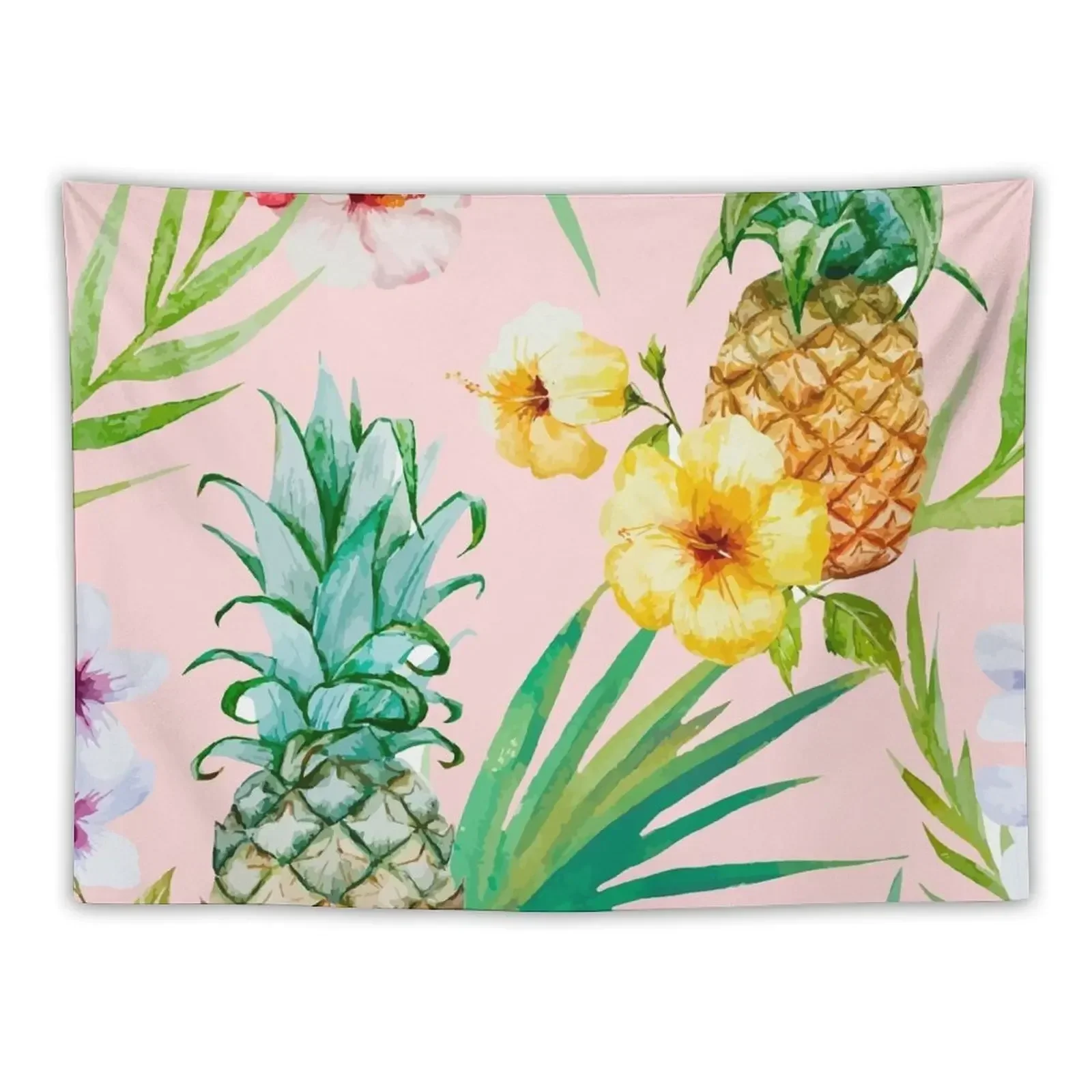 Hawaii | Vintage Tropical Botanical Jungle | Floral Watercolor Blush Pastel Pineapple Palm Painting Tapestry