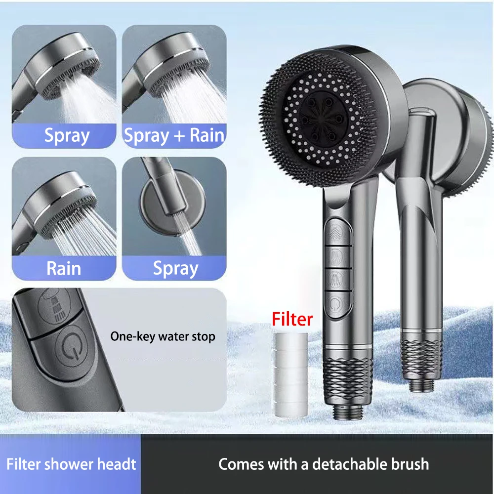 4 Modes High Pressure Filter Handheld Shower Head One Key Stop Water Saving Shower Sprayer Kit With Hose & Drill-Free Bracket