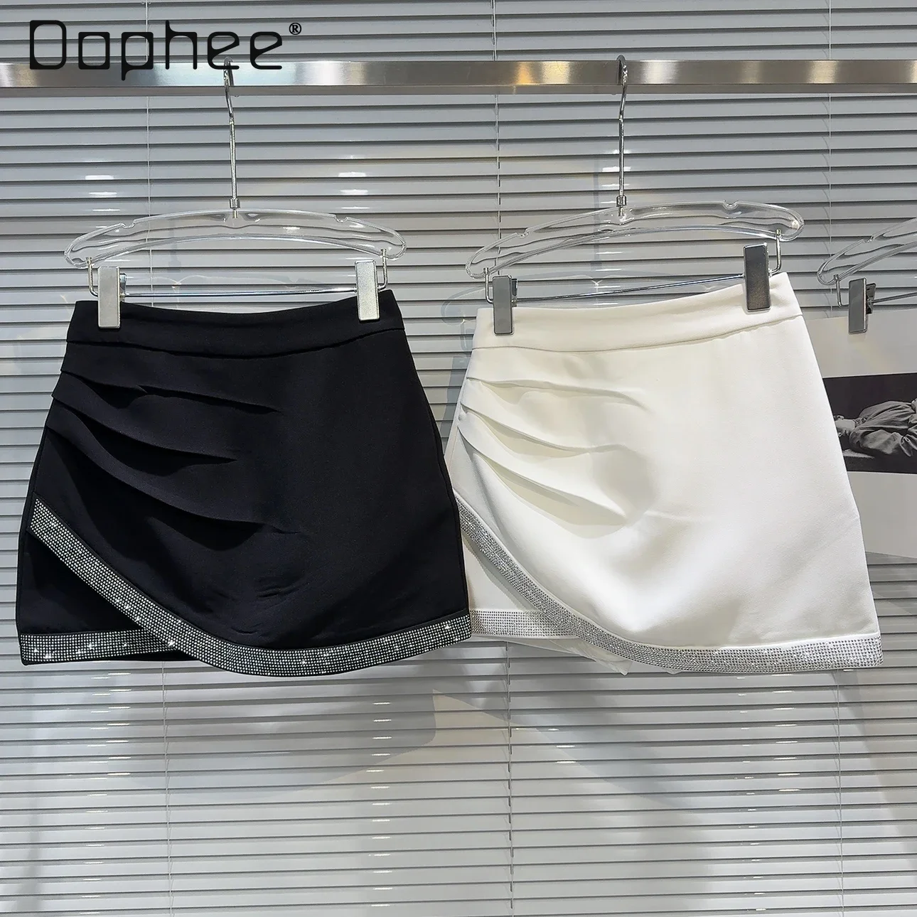 

Rhinestone Mini Skirt Ruched Ladies A Line Wrap Hip Skirt 2024 Summer Fashion Asymmetry High Waist Temperament Office Lady