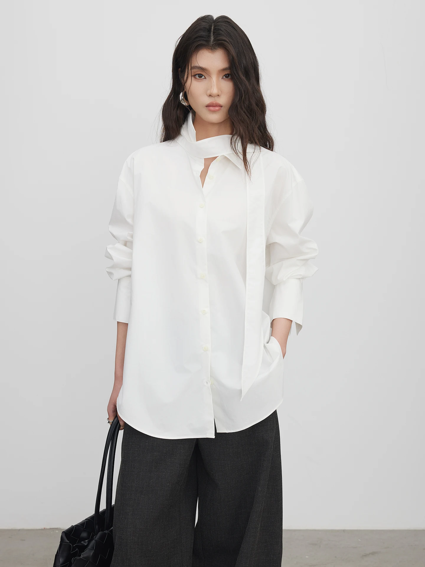 

KEARA Women's Long Sve irt with Sa Stand Collar Commute Design Spring New Sle Loose Fit Breathable Casual Top