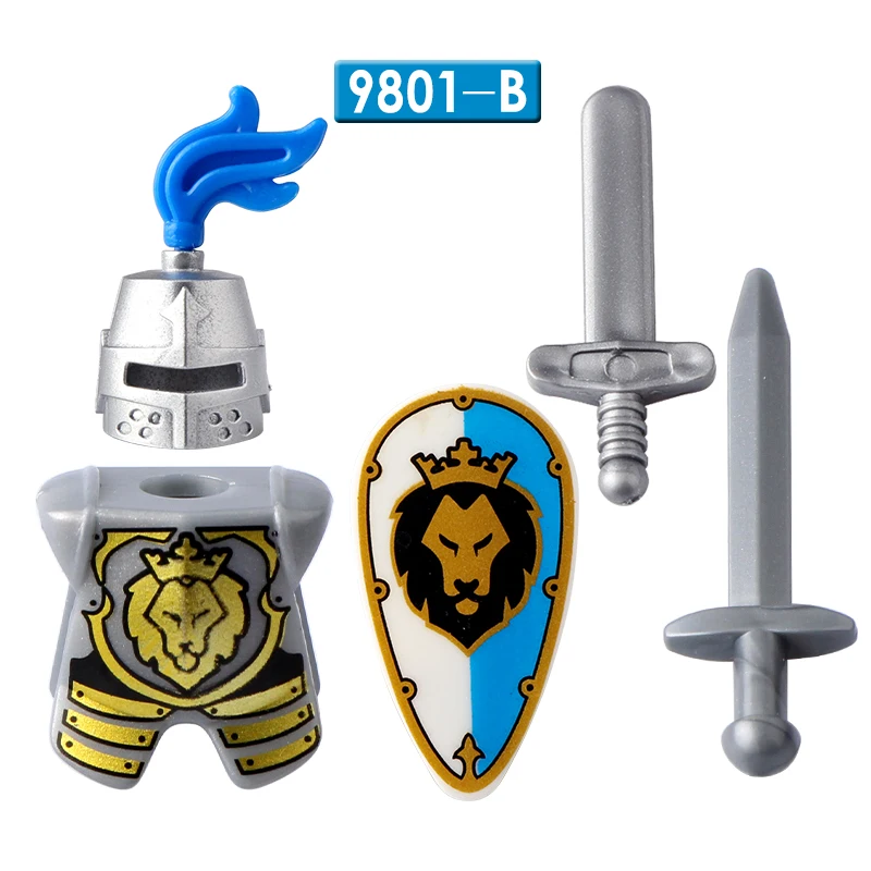 Medieval Knight Blue Lion Knight Accessories Shield Spear Armor Building Block bricks Mini Action Figure Toy AX9801